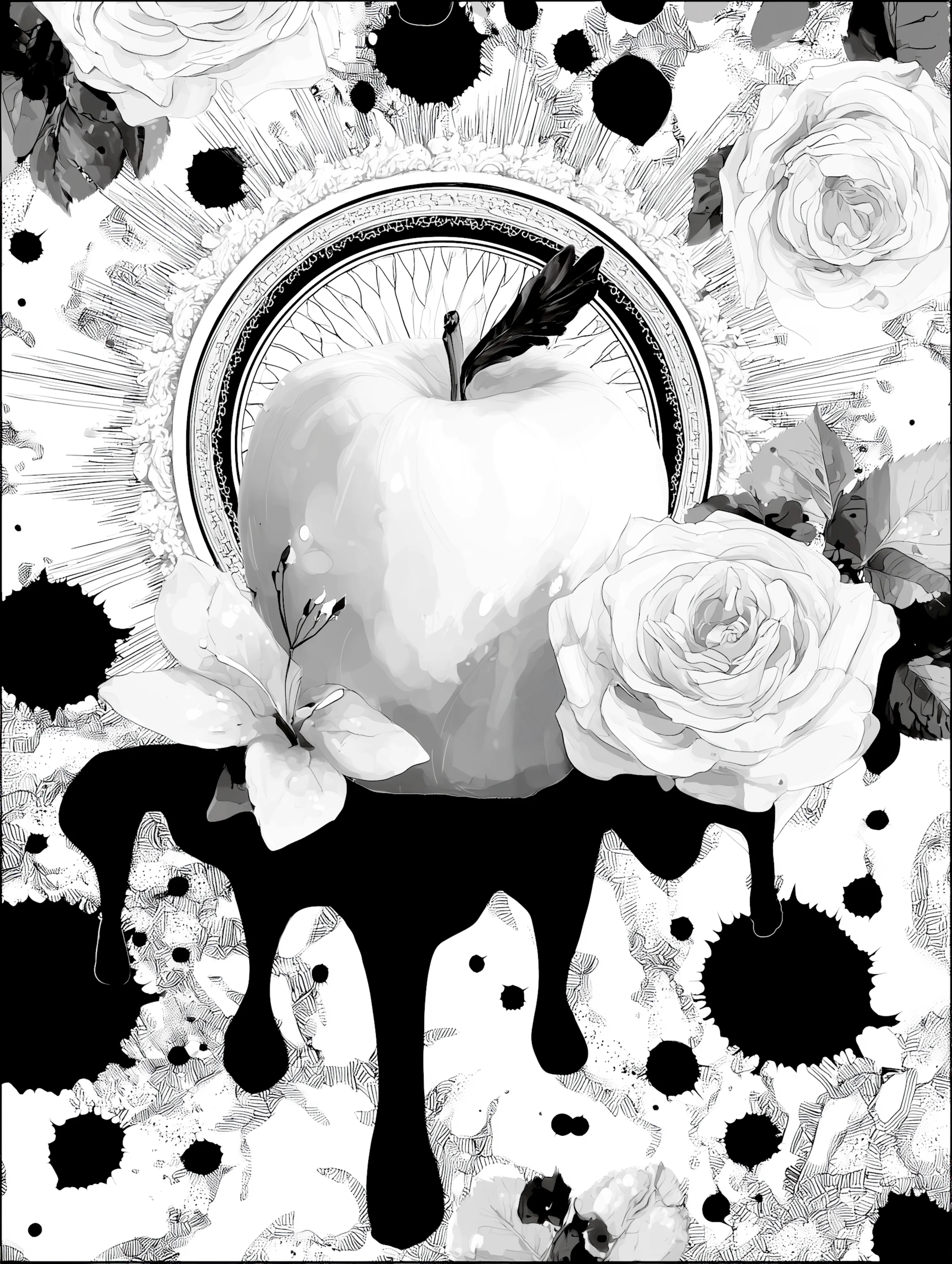 Free printable apple coloring page for adults featuring apple on melting black